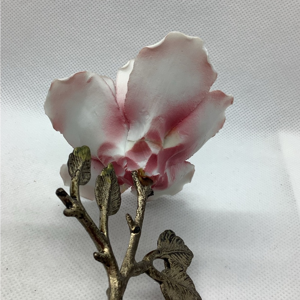 Vintage Capodimonte Ceramic Pink Rose Metal Stem Brass Porcelain 6” - Picture 4 of 7